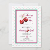 さくらんぼピンクコケットボウファースト誕生日写真 招待状 (正面)