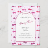 さくらんぼピンクファースト誕生日パーティーへの招待 招待状 (正面)
