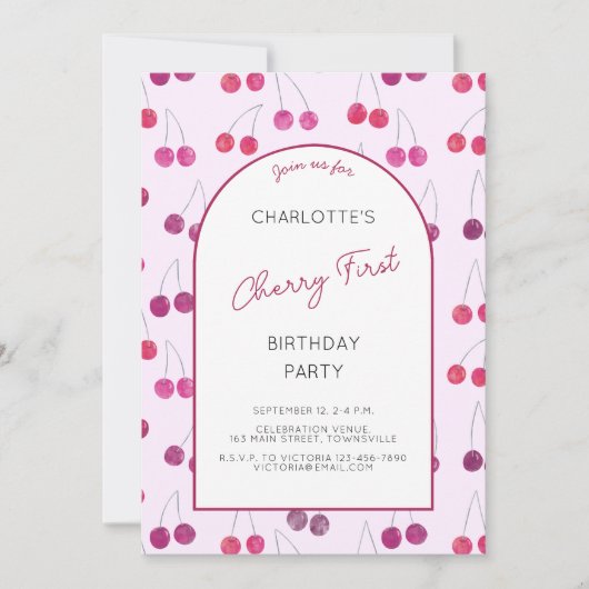 さくらんぼピンクファースト誕生日パーティーへの招待 招待状 (正面)