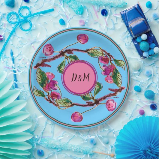 さくらんぼピンクフルーツターコイズとイニシャルパップ ペーパープレート (パーティー)