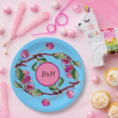 さくらんぼピンクフルーツターコイズイニシャル ペーパープレート (パーティー)