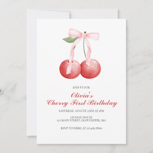 さくらんぼピンクボウ名門私立校風のの最初の誕生日 招待状 (正面)