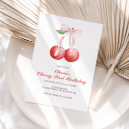 さくらんぼピンクボウ名門私立校風のの最初の誕生日 招待状