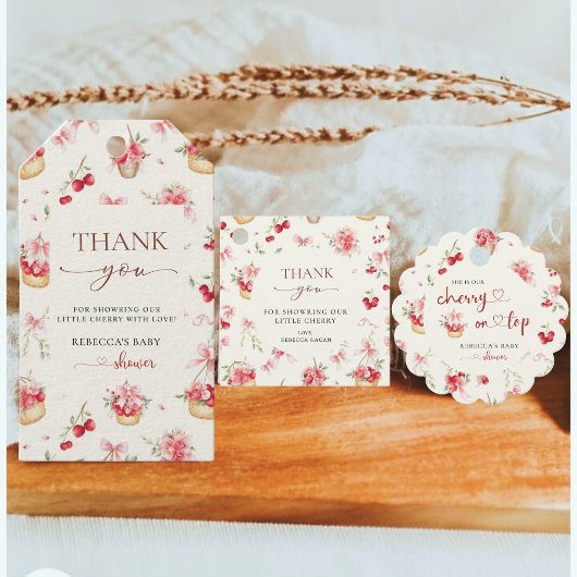 さくらんぼピンクボウ赤ちゃんシャワーありがとうギフトラベル ギフトタグ