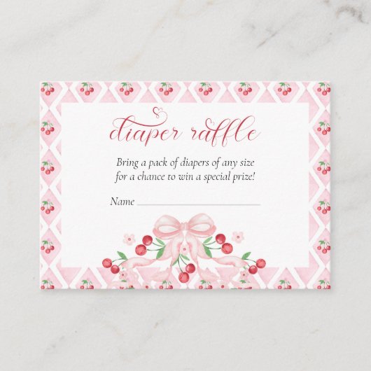 さくらんぼピンクボウ赤ちゃんシャワーおむつラッフル エンクロージャーカード (正面)