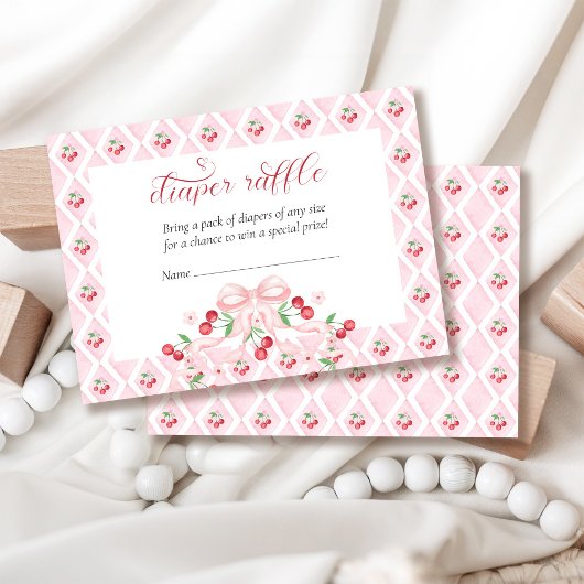 さくらんぼピンクボウ赤ちゃんシャワーおむつラッフル エンクロージャーカード