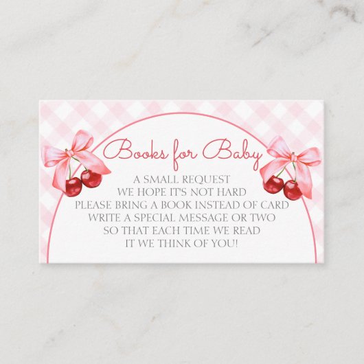 さくらんぼピンクボウ赤ちゃんシャワーブックリクエスト エンクロージャーカード (正面)