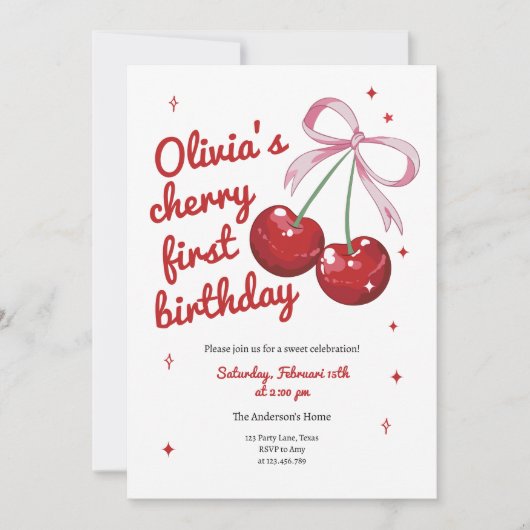 さくらんぼファーストコケットボウピンクガール誕生日 招待状 (正面)