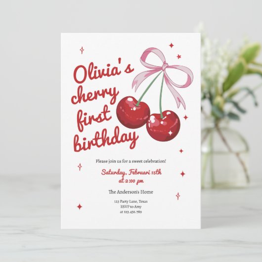 さくらんぼファーストコケットボウピンクガール誕生日 招待状 (スタンド正面)