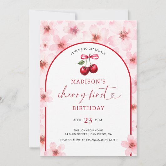さくらんぼファーストピンクさくらんぼブロッサム第1誕生日 招待状 (正面)