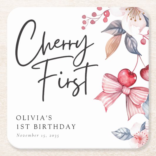 さくらんぼファーストピンクボウコケット1st誕生日 スクエアペーパーコースター (正面)