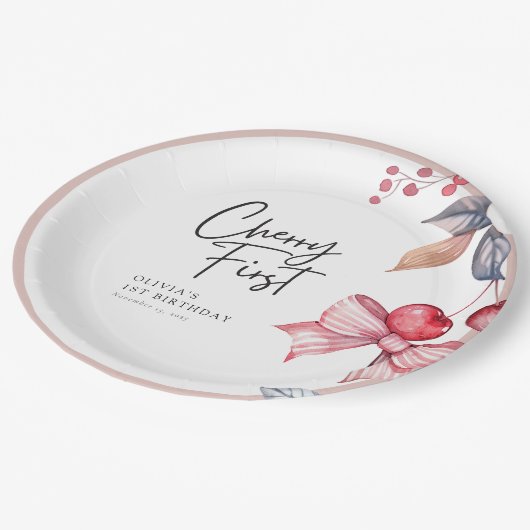 さくらんぼファーストピンクボウコケット1st誕生日 ペーパープレート (アングル)