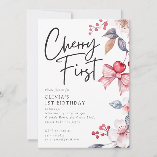 さくらんぼファーストピンクボウコケット1st誕生日 招待状 (正面)