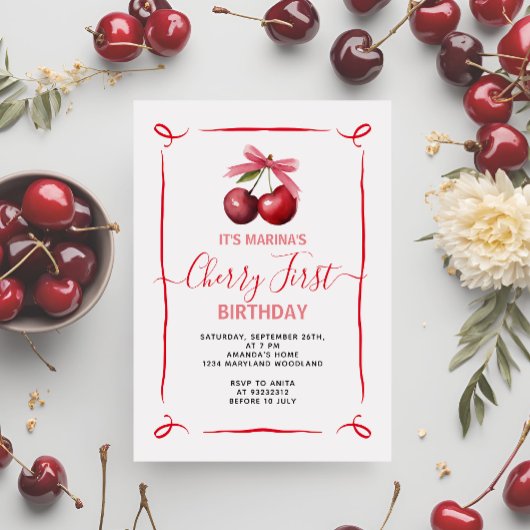 さくらんぼファーストピンクボウバースデーパーティーの招待 招待状