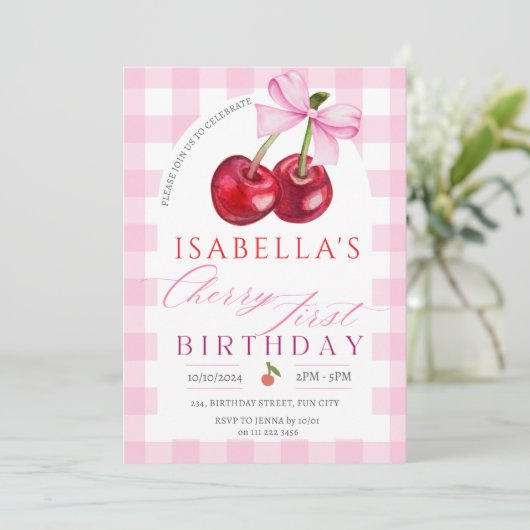 さくらんぼファースト誕生日ガール1stフルーツボウ誕生日 招待状 (スタンド正面)