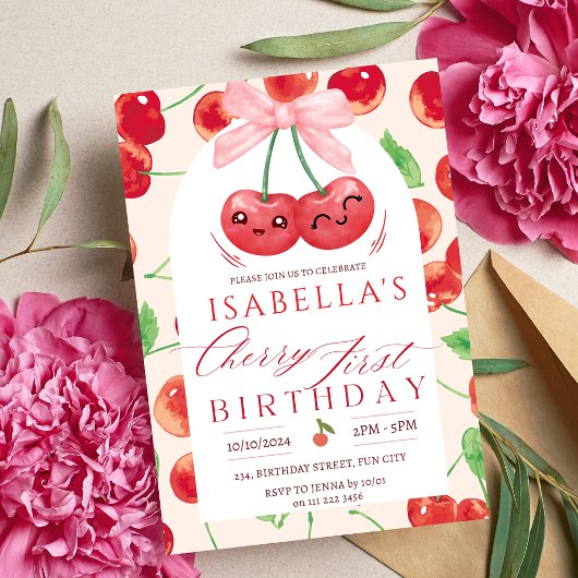 さくらんぼファースト誕生日ガール1stフルーツボウ誕生日 招待状