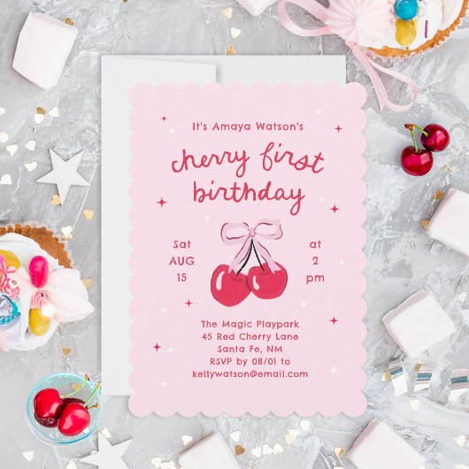 さくらんぼファースト誕生日ピンクコケットボウ 招待状