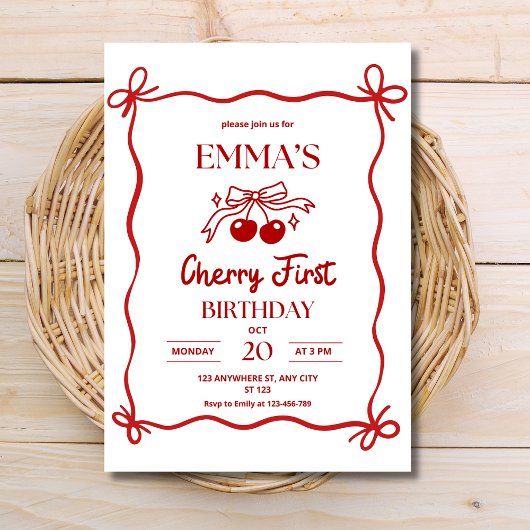 さくらんぼファースト誕生日招待状、レッドボウベリー 招待状