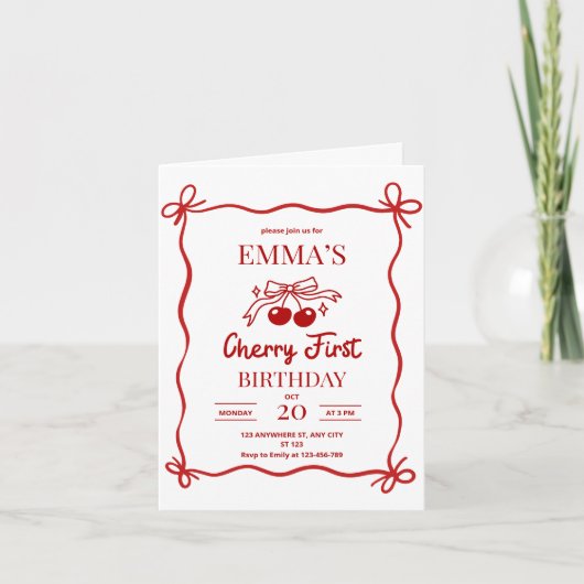さくらんぼファースト誕生日招待状、レッドボウベリー 招待状 (正面)