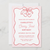 "さくらんぼファースト"誕生日ピンクストライプの弓ガーリー 招待状 (正面)