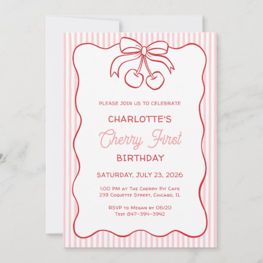 "さくらんぼファースト"誕生日ピンクストライプの弓ガーリー 招待状 (正面)