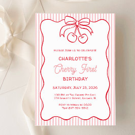 "さくらんぼファースト"誕生日ピンクストライプの弓ガーリー 招待状