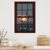 さくらんぼフェイクウッドウィンドウ幻想 – 鳥の群れ ポスター (キッチン)