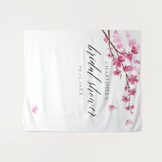 さくらんぼフラスバタフライピンクブライダルシャワー タペストリー (正面(横))