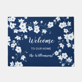 さくらんぼフラズネイビーブルーホワイトカスタム歓迎 ドアマット
