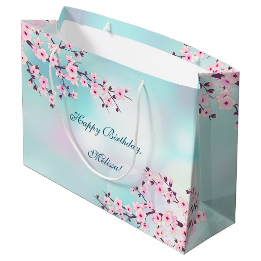 さくらんぼフラズピンクターコイズ誕生日 ラージペーパーバッグ (裏面アングル)