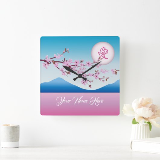 さくらんぼフラズムーン日本の桜モノグラム スクエア壁時計 (ホーム)