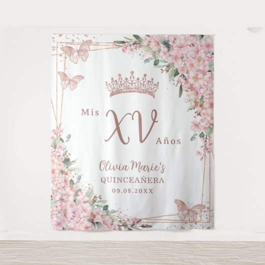 さくらんぼフラムスバラ金ゴールド蝶キンセアニラ タペストリー (正面)