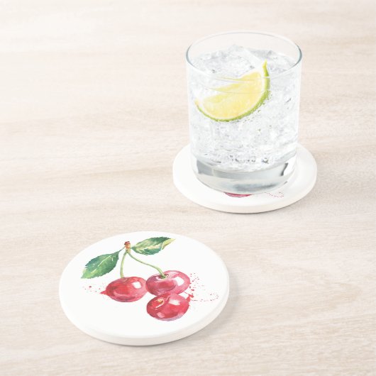 さくらんぼフルーツさくらんぼ水彩キッチンサンドストーン コースター (側面)