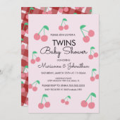 さくらんぼフルーツピンク赤ツインズベビーシャワー 招待状 (正面/裏面)