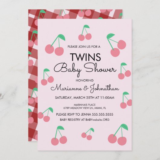 さくらんぼフルーツピンク赤ツインズベビーシャワー 招待状 (正面/裏面)