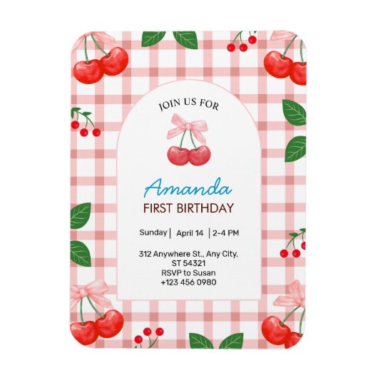 さくらんぼフルーツファースト1thバースデーガール招待状 マグネット (縦)