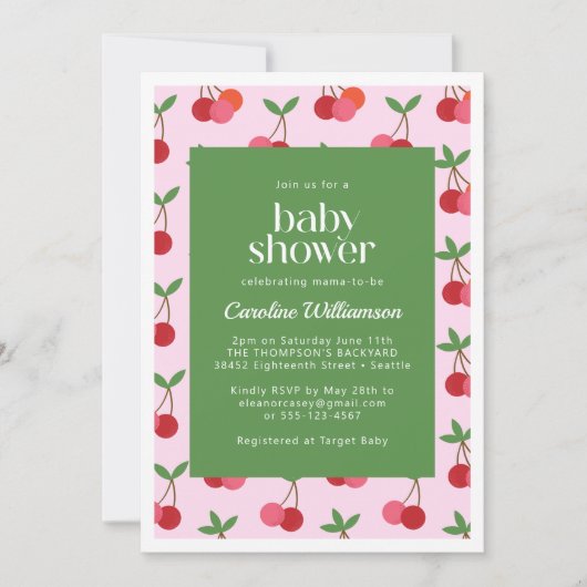 さくらんぼフルーツレッドピンクグリーンかわいい赤ちゃんシャワー 招待状 (正面)