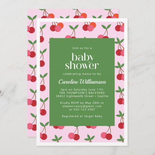 さくらんぼフルーツレッドピンクグリーンかわいい赤ちゃんシャワー 招待状 (正面/裏面)