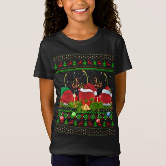 さくらんぼフルーツ恋人クリスマスサンタ醜いさくらんぼクリスマ Tシャツ (正面)