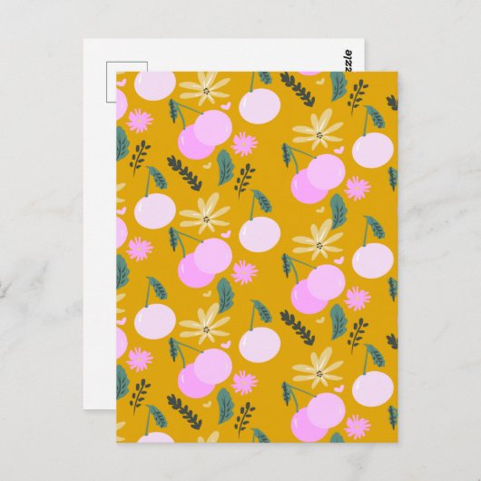 さくらんぼフローラ緑パターンイエローピンク ポストカード (正面/裏面)