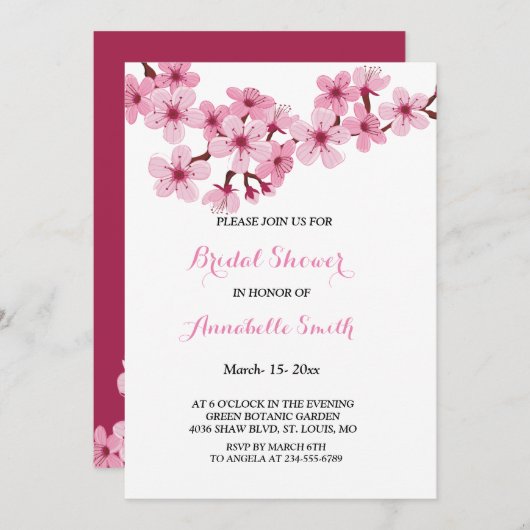 さくらんぼブラッサムピンクホワイトフローラブライダルシャワー 招待状 (正面/裏面)
