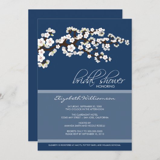 さくらんぼブラッサムブライダルシャワー招待（海軍） 招待状 (正面/裏面)