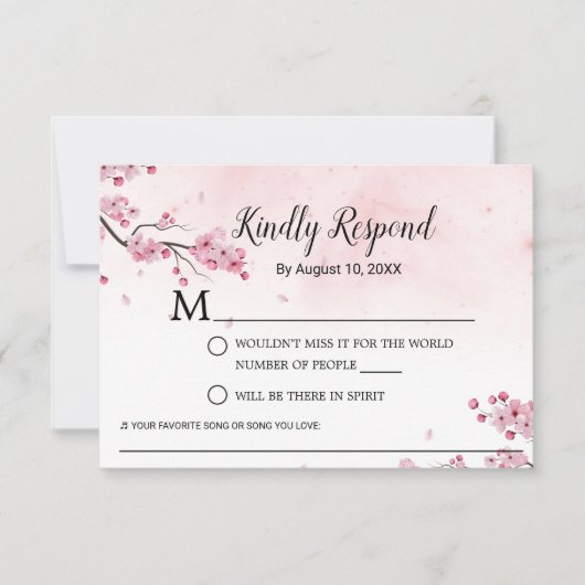 さくらんぼブロッサムウォーターカラーピンクフローラ結婚式RSVP 出欠カード (正面)