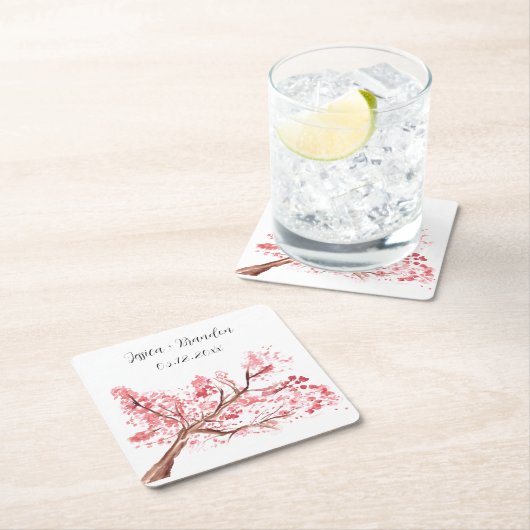 さくらんぼブロッサムウォーターカラーピンク結婚フローラ スクエアペーパーコースター (インサイチュ)