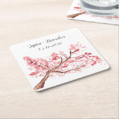 さくらんぼブロッサムウォーターカラーピンク結婚フローラ スクエアペーパーコースター (アングル)