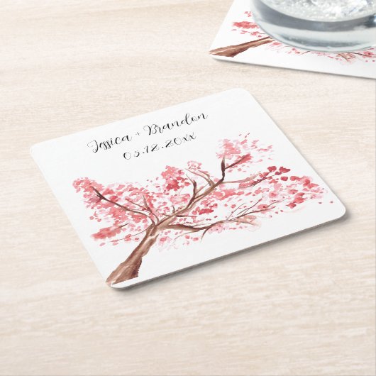 さくらんぼブロッサムウォーターカラーピンク結婚フローラ スクエアペーパーコースター (アングル)
