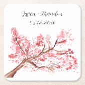 さくらんぼブロッサムウォーターカラーピンク結婚フローラ スクエアペーパーコースター (正面)