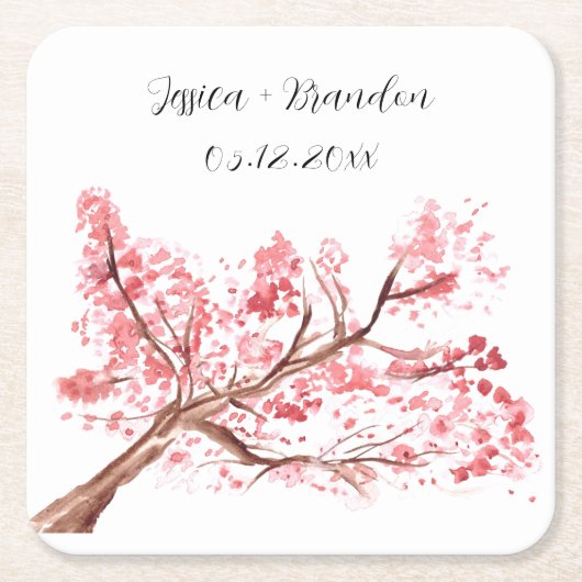 さくらんぼブロッサムウォーターカラーピンク結婚フローラ スクエアペーパーコースター (正面)