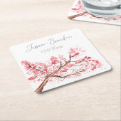 さくらんぼブロッサムウォーターカラーピンク結婚フローラ スクエアペーパーコースター (アングル)