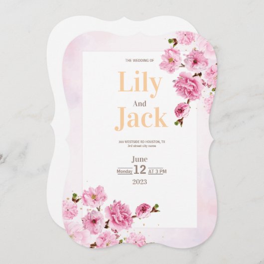 さくらんぼブロッサムウォーター色モダンフローラ結婚ズ 招待状 (正面/裏面)